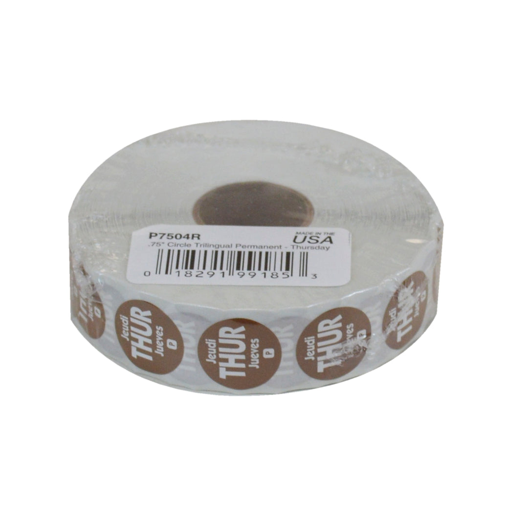 National Checking .75 Inch Circle Trilingual Permanent Brown Thursday Label-2000 Each