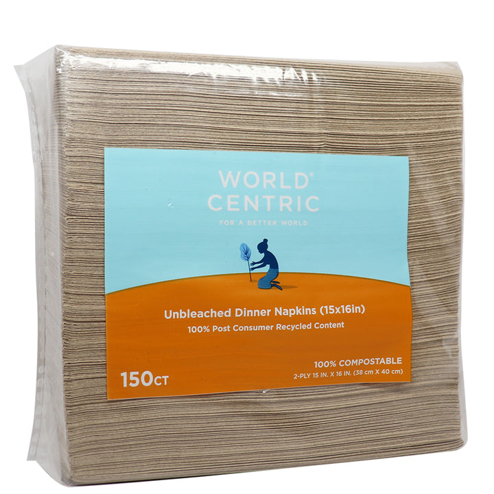 World Centric 15 Inch X 16 Inch 2 Ply 100% Post Consumer Recycled Paper Compostable Unbleached Dinner Napkin-150 Each-20/Case