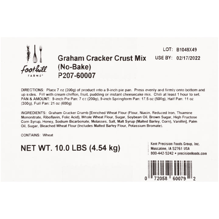 Foothill Farms Graham Cracker Crust No Bake Ready To Use Add Filling Dessert Mix-10 lb.-1/Case