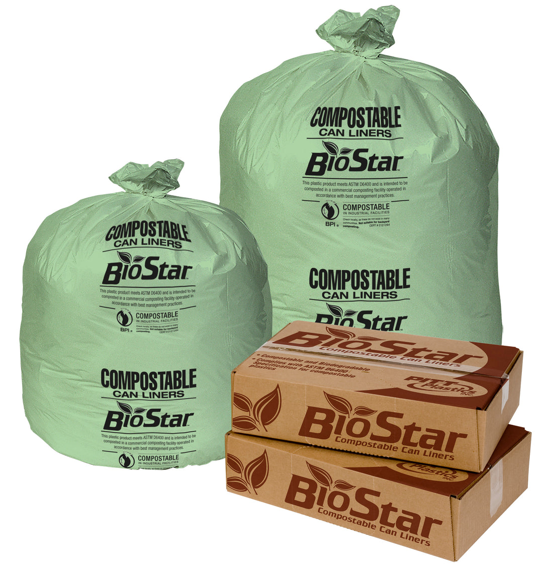 Pitt Plastics Biostar 33 Inch X 39 Inch 1 Mil 33 Gallons Extra Heavy Biogreen Star Perforated Roll Can Liner-10 Count-10/Case