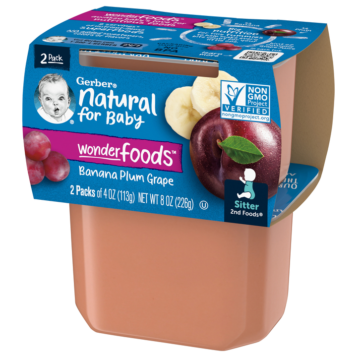 Gerber Natural For Baby Non-Gmo Banana Plum Grape Puree Baby Food Tub-2X 4 Oz Tubs-8 oz.-8/Case