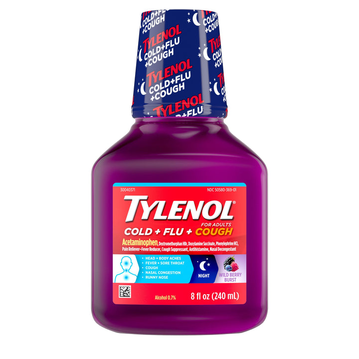 Tylenol Cold Flu Wildberry Cough Syrup 8 Ounce Bottle 24/8 Fl Oz.