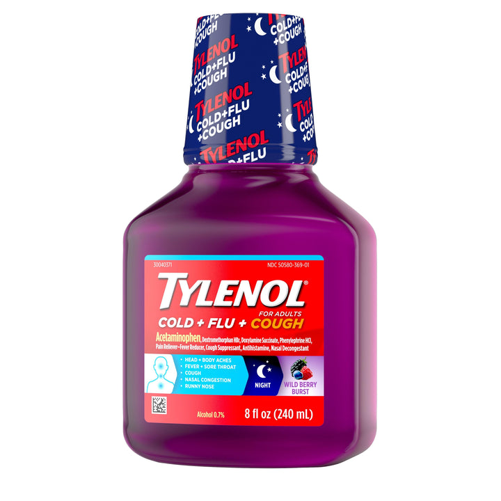 Tylenol Cold Flu Wildberry Cough Syrup 8 Ounce Bottle 24/8 Fl Oz.