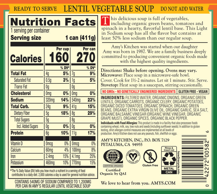 Amy's Soup Lentil Vegetable Organic Lite Sodium-14.5 oz.-12/Case