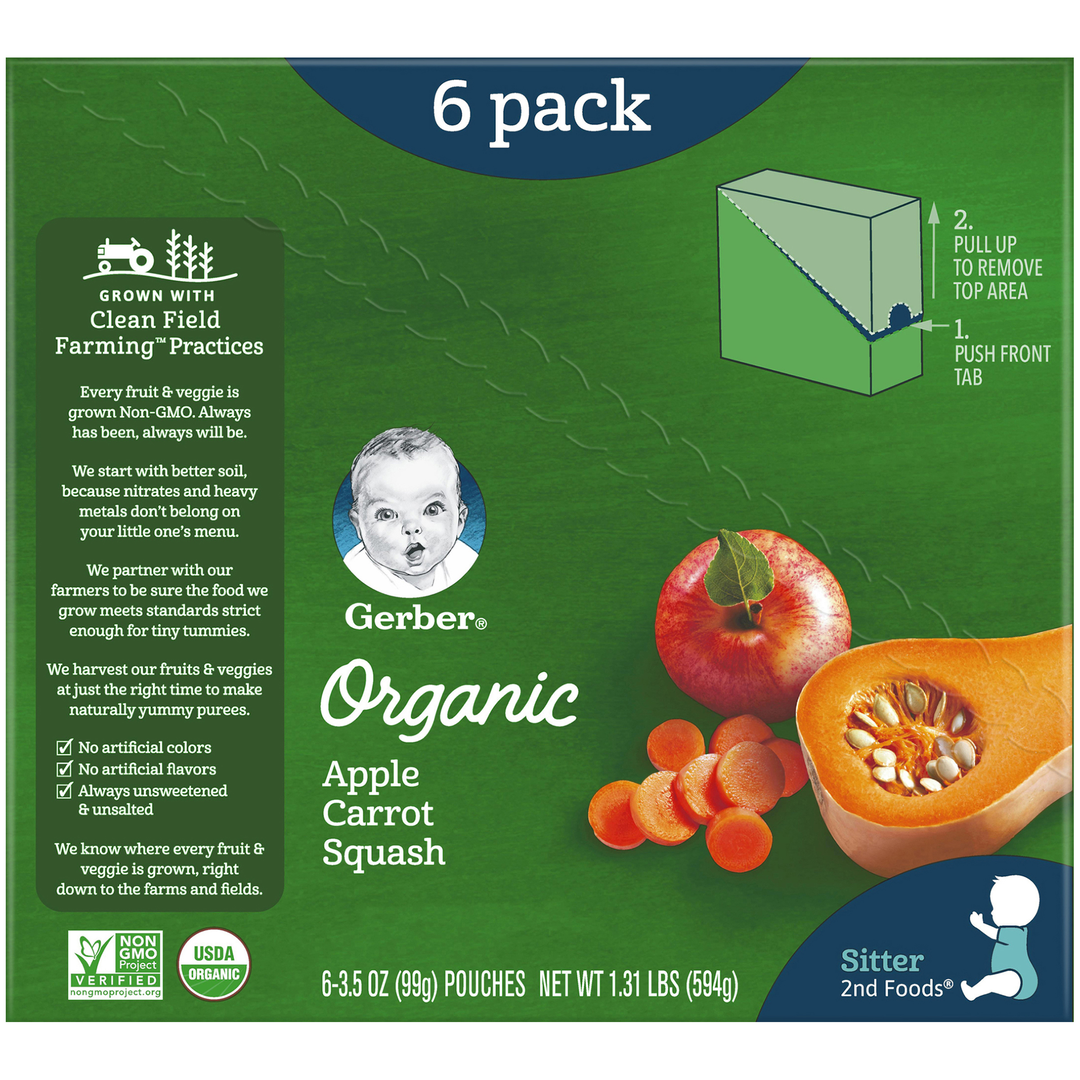 Gerber Organic Apple Carrot Squash Puree Baby Food Pouch-3.5 oz.-6/Box-2/Case