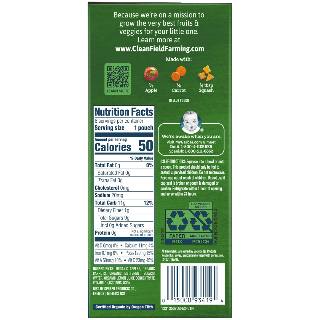 Gerber Organic Apple Carrot Squash Puree Baby Food Pouch-3.5 oz.-6/Box-2/Case