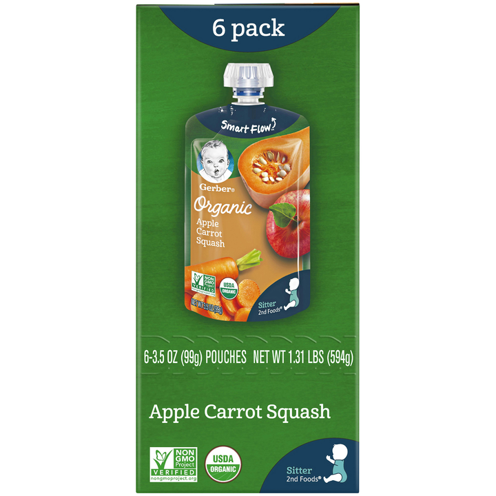 Gerber Organic Apple Carrot Squash Puree Baby Food Pouch-3.5 oz.-6/Box-2/Case