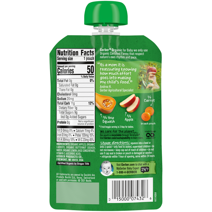Gerber Organic Apple Carrot Squash Puree Baby Food Pouch-3.5 oz.-6/Box-2/Case