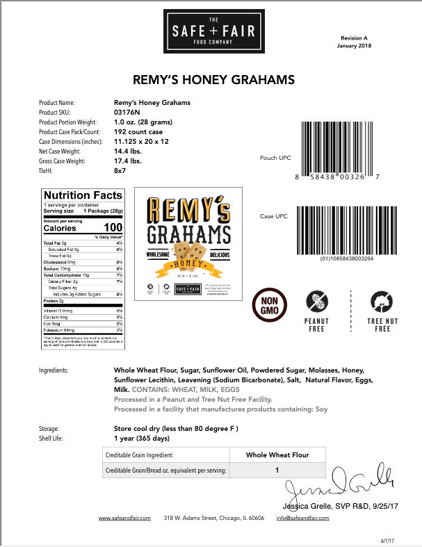 Remy's Grahams Honey Graham Crackers-1 oz. Packet-192/Case