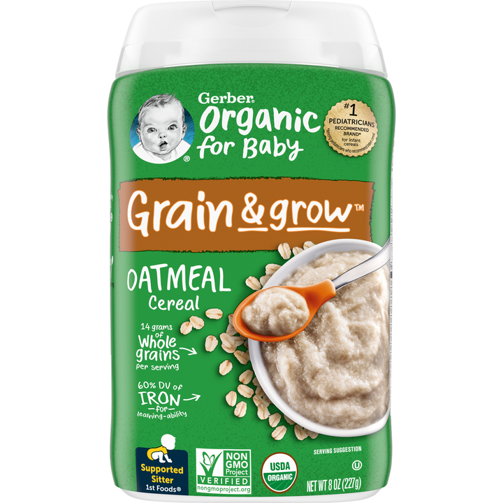 Gerber Grain & Grow Organic Non-Gmo Whole Grain Organic Oatmeal Cereal Baby Food Carton With Iron-8 oz.-3/Box-2/Case