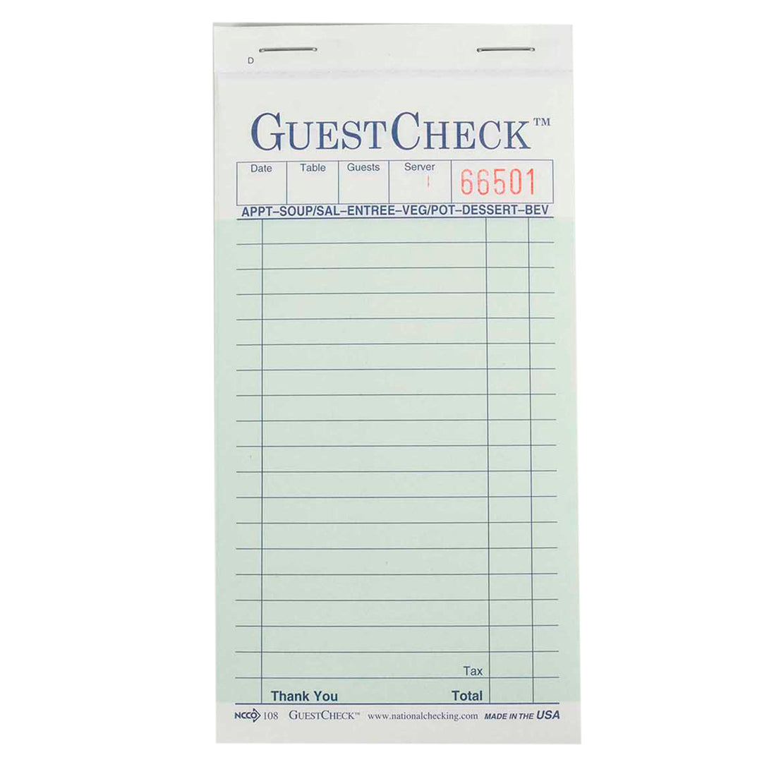 National Checking 3.5 Inch X 6.75 Inch 2 Part Green Carbonless 19 Line Guest Check-2500 Each-1/Case