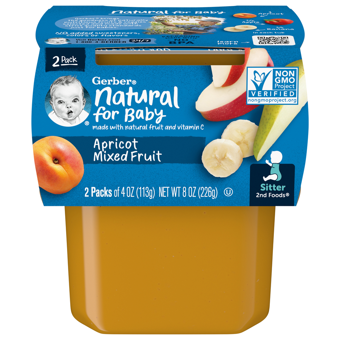 Gerber Natural For Baby Non-Gmo Apricot Mixed Fruit Puree Baby Food Tub-2X 4 Oz Tubs-8 oz.-8/Case