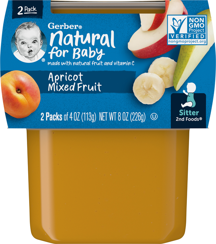 Gerber Natural For Baby Non-Gmo Apricot Mixed Fruit Puree Baby Food Tub-2X 4 Oz Tubs-8 oz.-8/Case