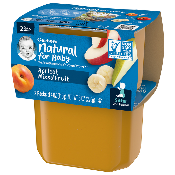 Gerber Natural For Baby Non-Gmo Apricot Mixed Fruit Puree Baby Food Tub-2X 4 Oz Tubs-8 oz.-8/Case