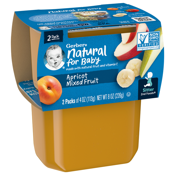 Gerber Natural For Baby Non-Gmo Apricot Mixed Fruit Puree Baby Food Tub-2X 4 Oz Tubs-8 oz.-8/Case