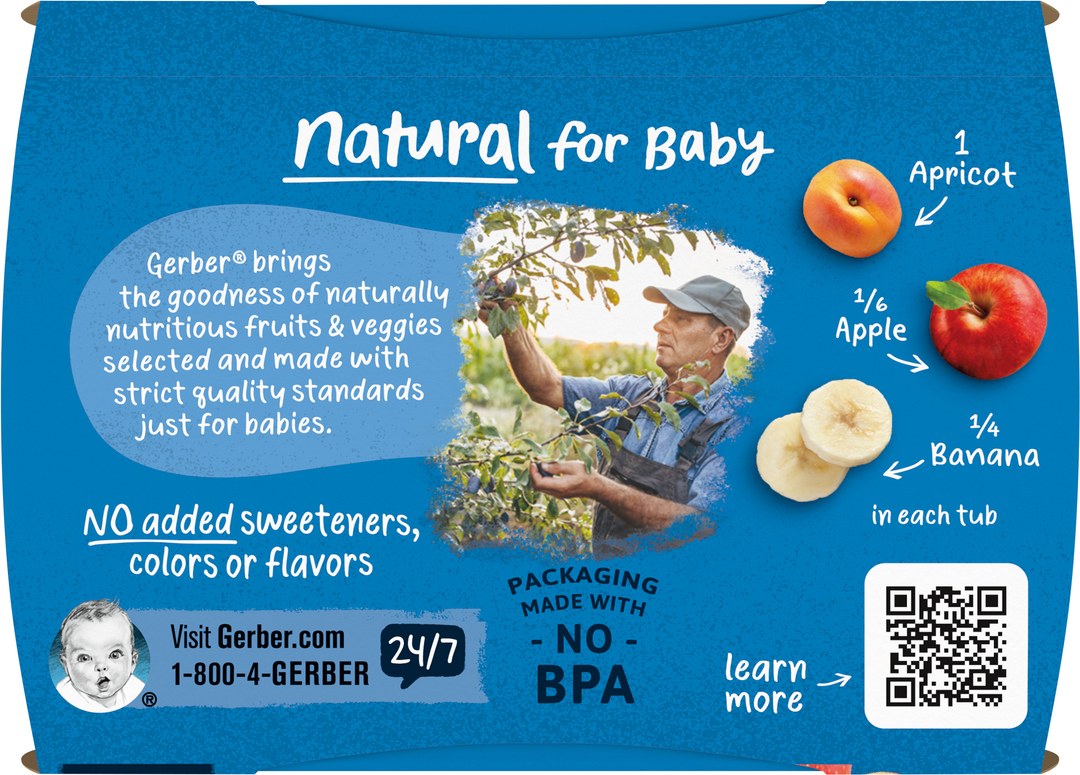Gerber Natural For Baby Non-Gmo Apricot Mixed Fruit Puree Baby Food Tub-2X 4 Oz Tubs-8 oz.-8/Case