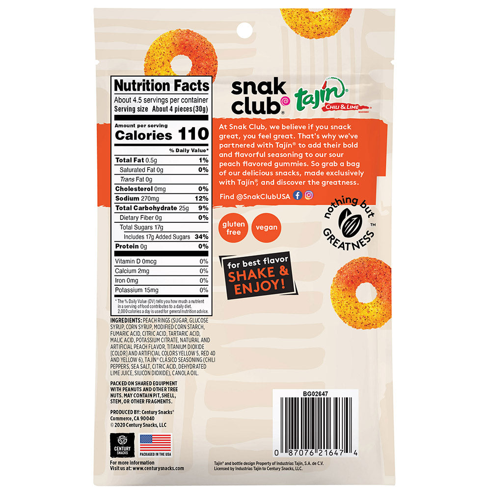 Snak Club Tajin Peach Gummy Rings-5 oz.-6/Case
