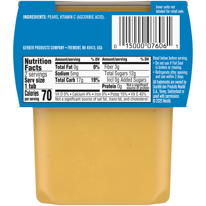 Gerber 2Nd Foods Non-Gmo Pear Puree Baby Food Tub-2X 4 Oz Tubs-2 Count-8/Case