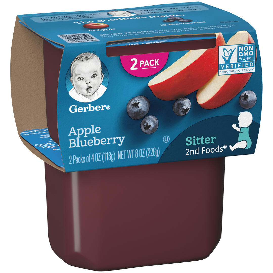 Gerber Natural For Baby Non-Gmo Apple Blueberry Puree Baby Food Tub-2X 4 Oz Tubs-8 oz.-8/Case