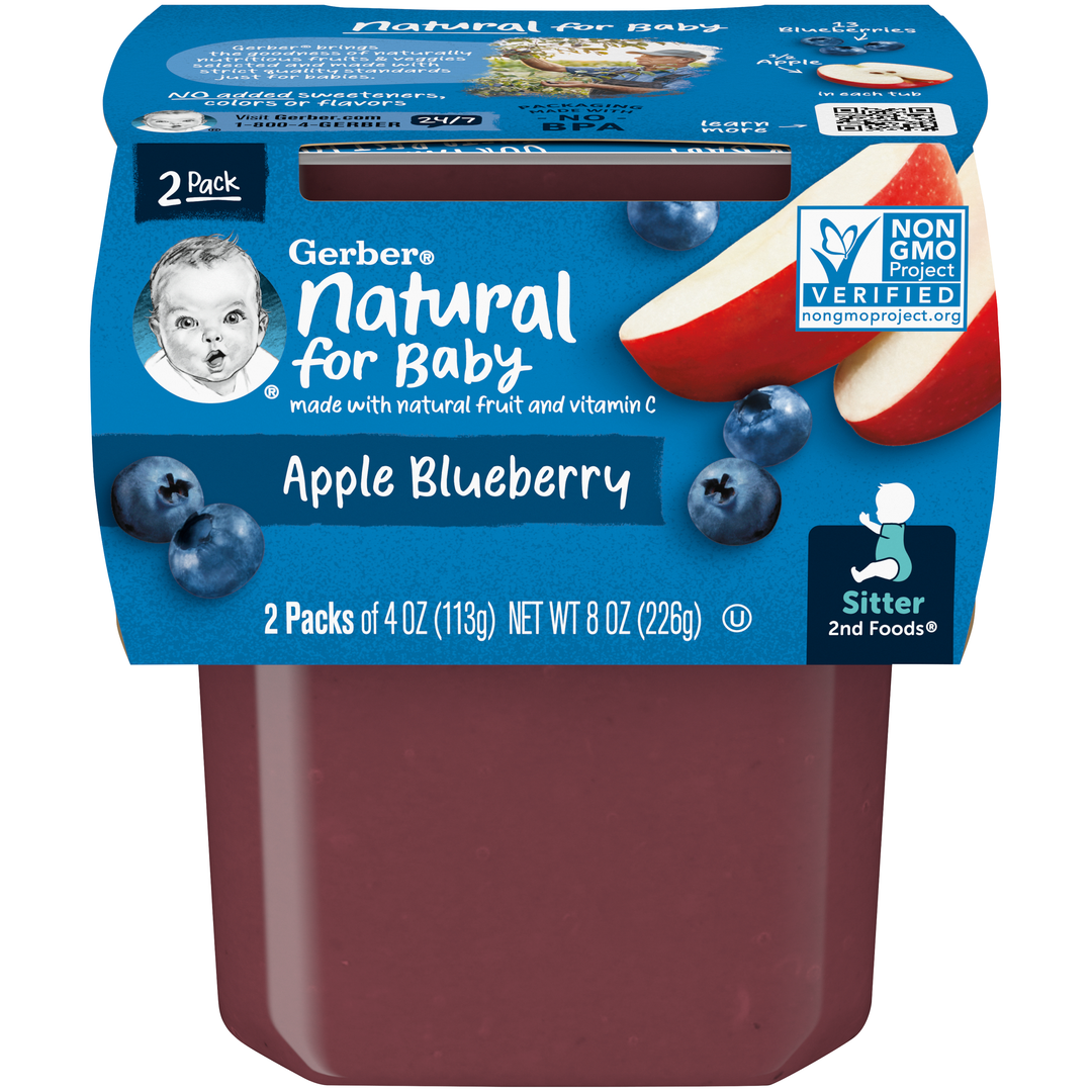 Gerber Natural For Baby Non-Gmo Apple Blueberry Puree Baby Food Tub-2X 4 Oz Tubs-8 oz.-8/Case