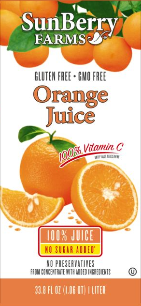 Sunberry Farms Orange Juice 100%-33.8 fl oz.-12/Case