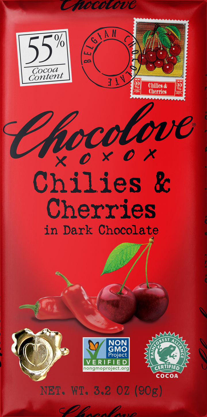Chocolove Chilies & Cherries In Dark Chocolate-3.2 oz.-12/Box-12/Case