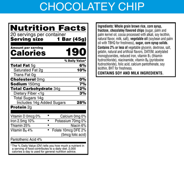 Kellogg Whole Grain Chocolate Chip Rice Krispie Treats Squares-1.59 oz.-20/Box-4/Case