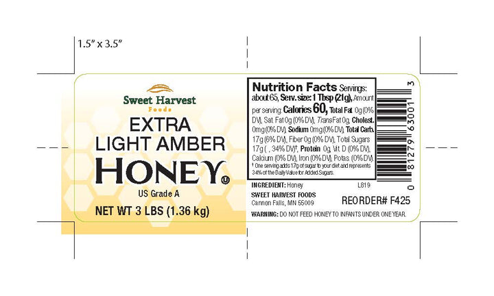 Natural American Foods Extra Light Amber Honey Bulk-3 lb.-6/Case