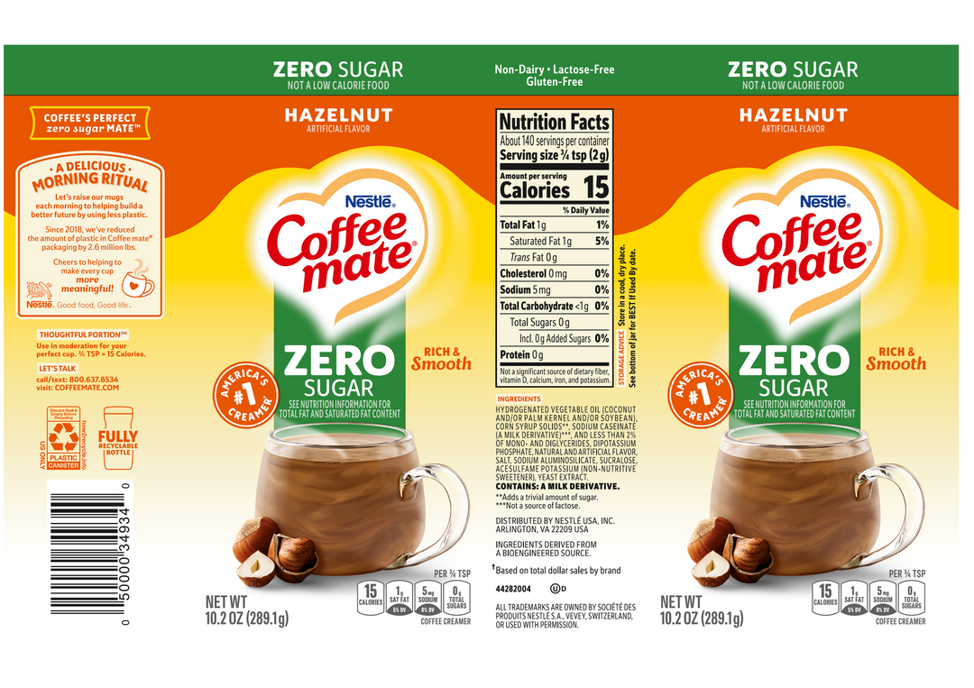 Coffee-Mate Sugar Free Hazelnut Powder Creamer-10.2 oz.-6/Case