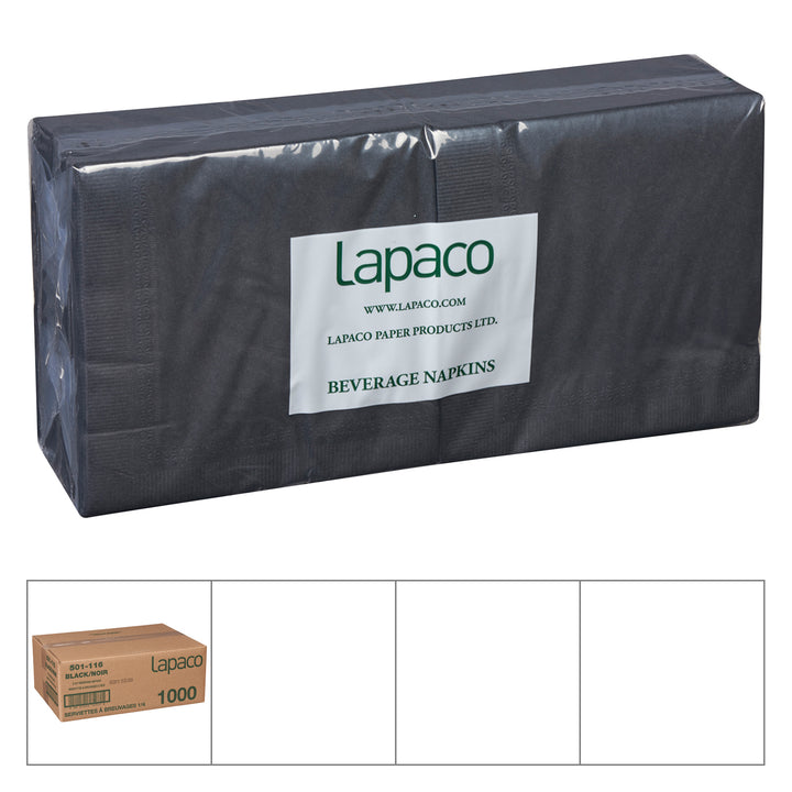 Lapaco 10 Inch X 10 Inch 1/4 Fold 2 Ply Black Beverage Napkin-1000 Each-1/Case