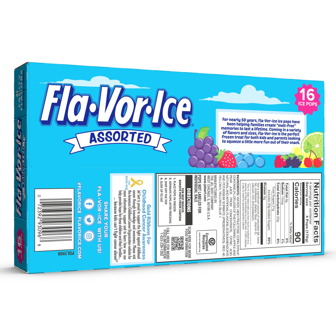 Flavor Ice Lemon Lime-Orange-Berry Punch-Strawberry-Tropical Punch-And Grape Assorted Freezer Bars-16 Count-12/Case