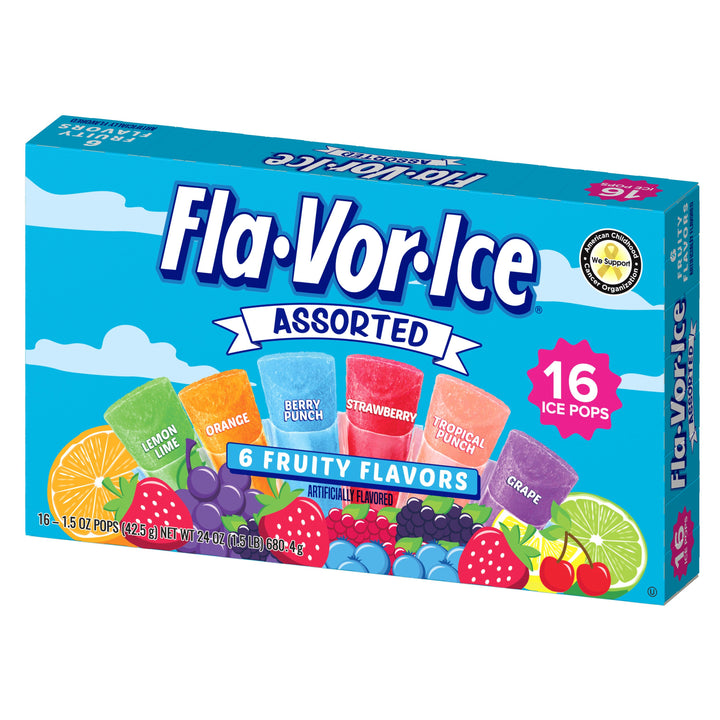 Flavor Ice Lemon Lime-Orange-Berry Punch-Strawberry-Tropical Punch-And Grape Assorted Freezer Bars-16 Count-12/Case