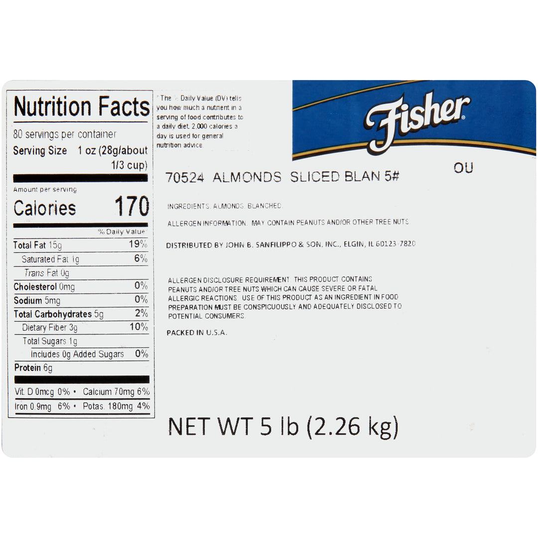 Fisher Blanched Sliced Almonds-5 lb.-1/Case
