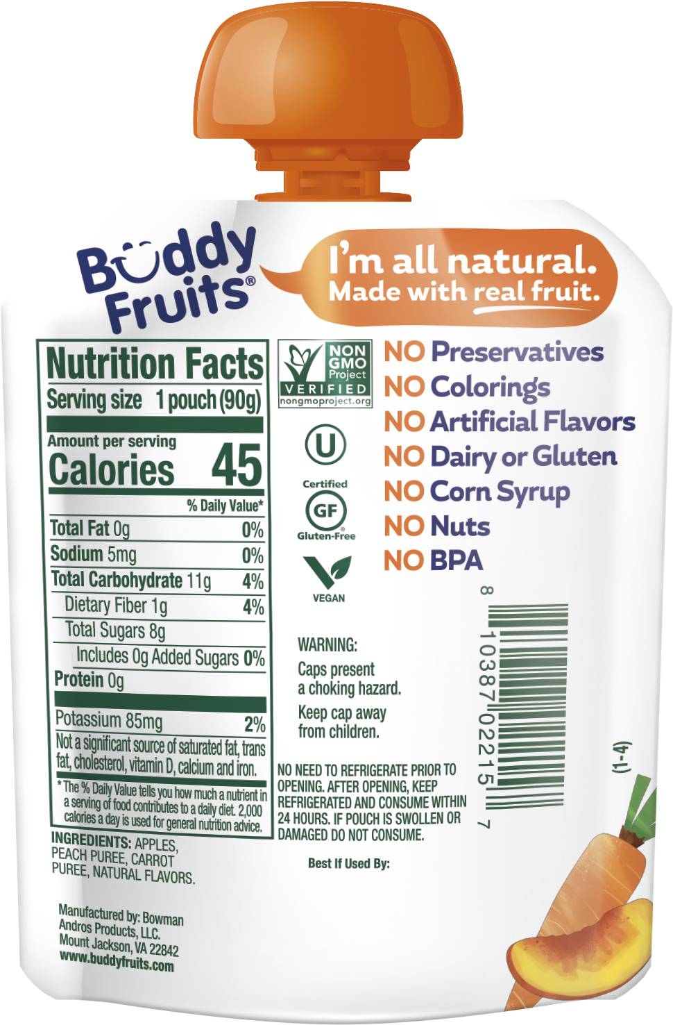 Buddy Fruits Veggies Peach Carrot Apple-3.2 oz.-18/Case
