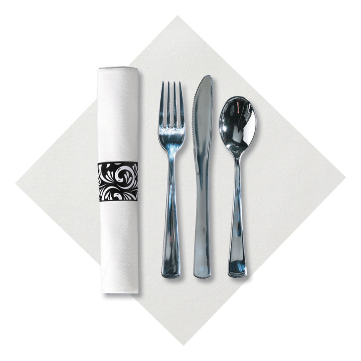Hoffmaster Caterwrap Fashnpoint Pre-Rolled White Napkin Metallic Plastic Knife Fork Spoon Scroll Black Band-50 Count-2/Case