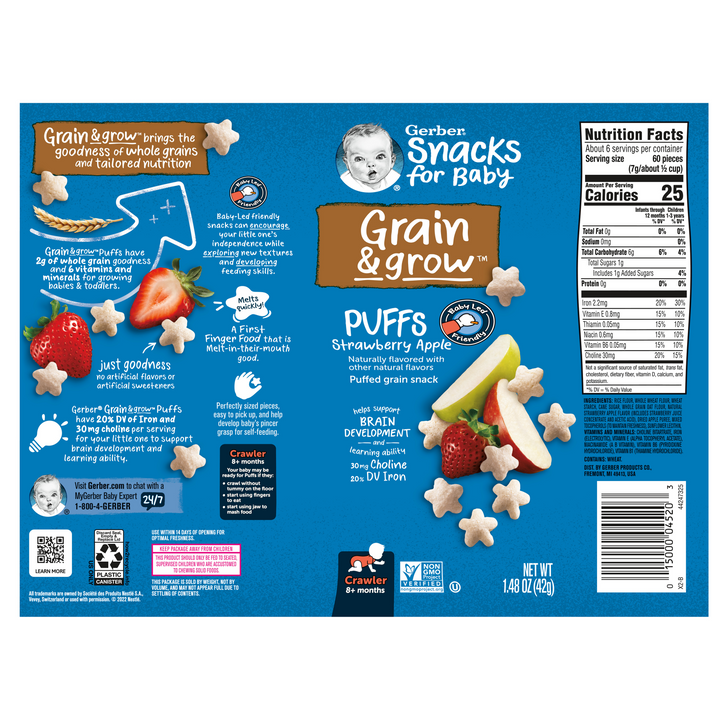 Gerber Graduates Non-Gmo Strawberry Apple Puffs Cereal Baby Snack Canister-1.48 oz.-6/Case