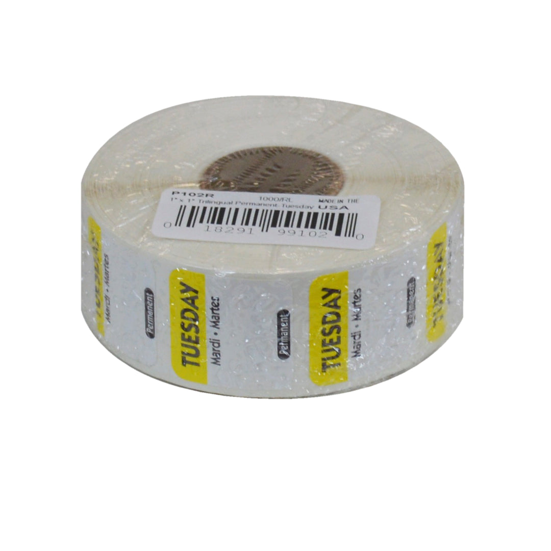 National Checking 1 Inch X 1 Inch Trilingual Yellow Tuesday Permanent Label-1000 Each