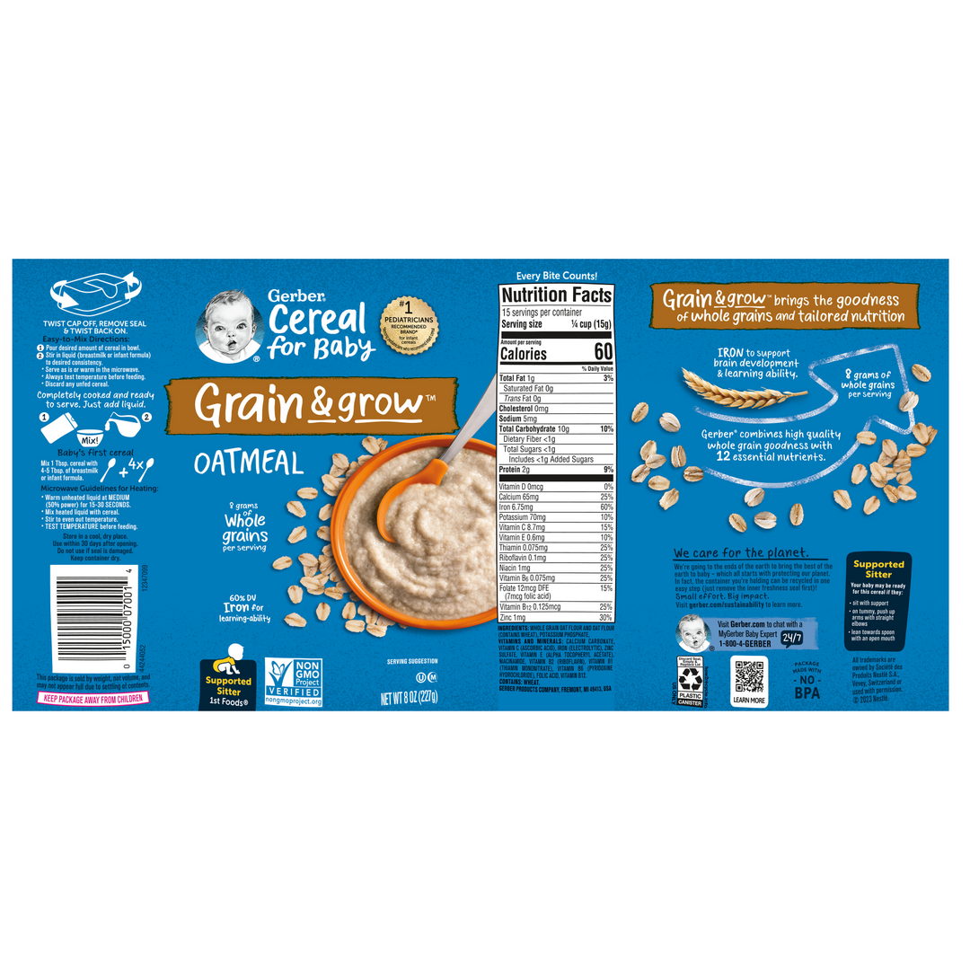 Gerber Grain & Grow Non-Gmo Whole Grain Oatmeal Cereal Baby Food Carton With Iron-8 oz.-3/Box-2/Case
