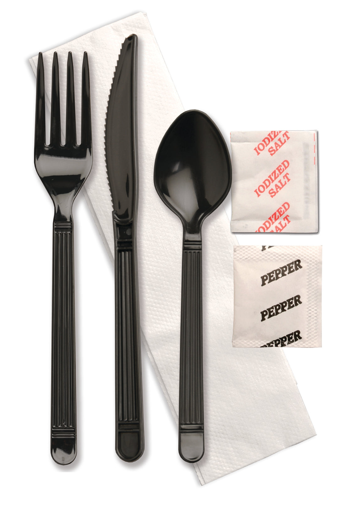 D & W Fine Pack Forum Knife-Fork-Spoon-Salt-Pepper-& Large Napkin Black Ebony Individually Wrapped Cutlery Kit-250 Each-250/Box-1/Case
