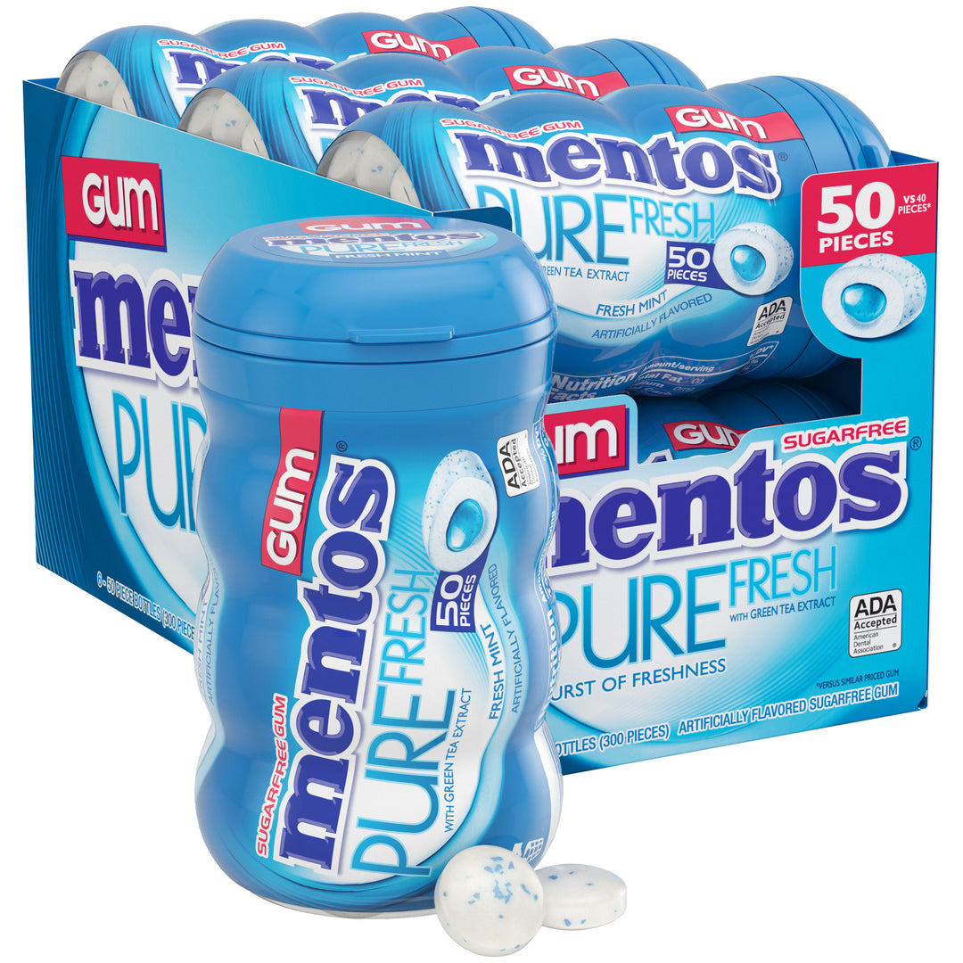 Mentos Sugar Free Pure Fresh Gum Fresh Mint Curvy Bottle-50 Piece-6/Box-6/Case