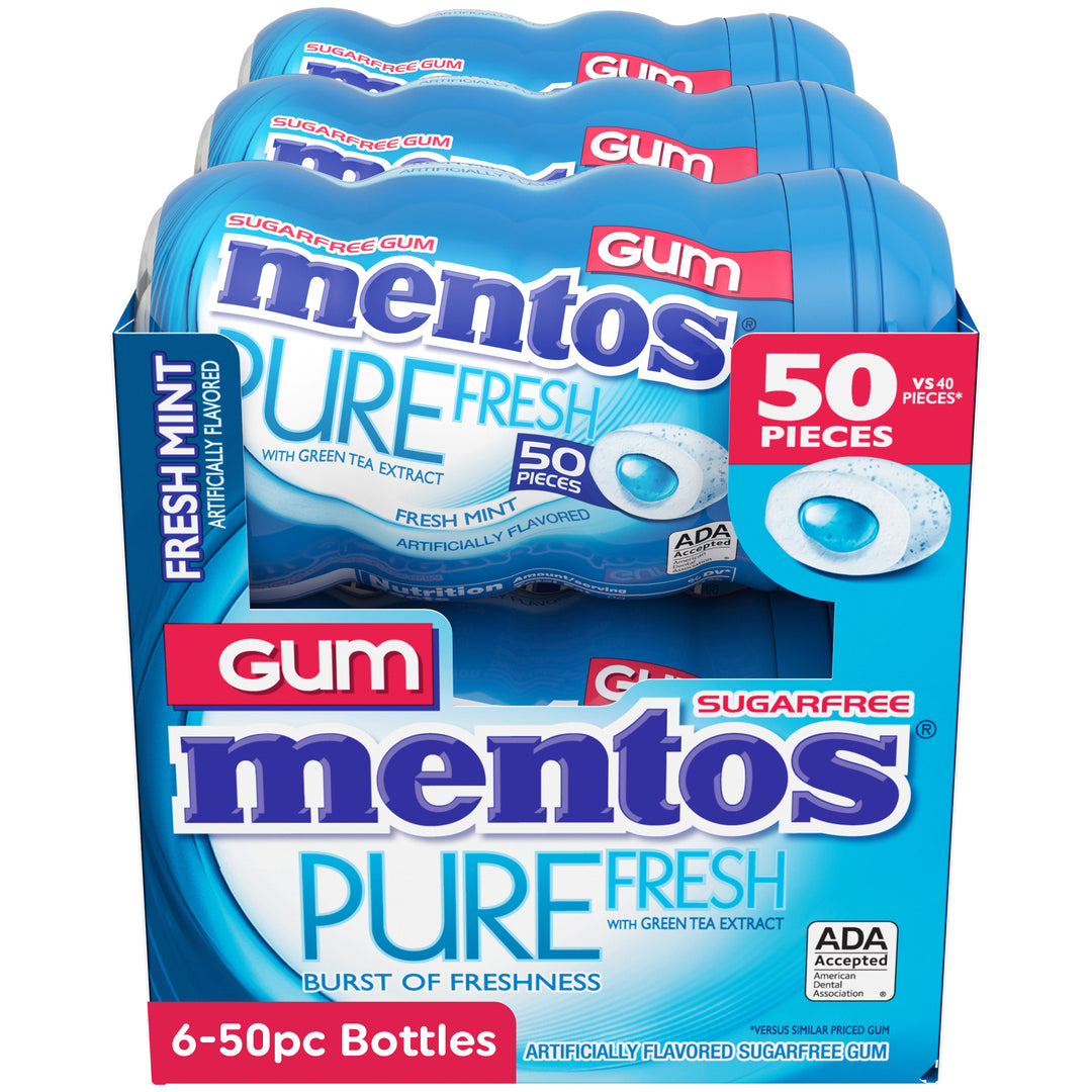 Mentos Sugar Free Pure Fresh Gum Fresh Mint Curvy Bottle-50 Piece-6/Box-6/Case