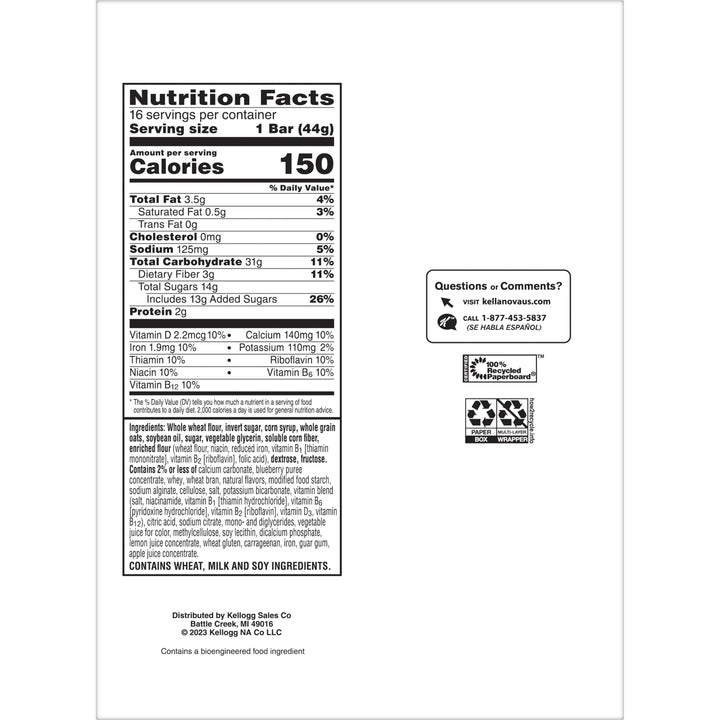 Kellogg Nutri-Grain Blueberry Cereal Bar-1.55 oz.-16/Box-6/Case