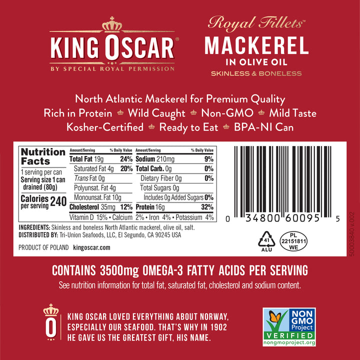 King Oscar Royal Fillet Skinless Boneless Mackerel Olive Oil-4.05 oz.-12/Case