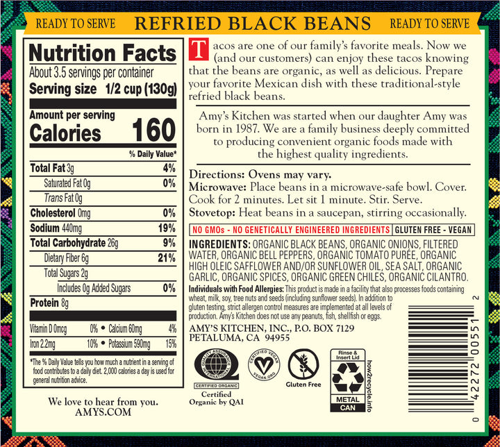 Amy's Refried Black Beans Organic-15.4 oz.-12/Case