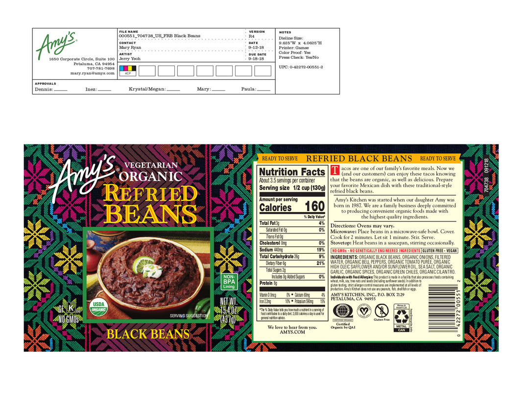 Amy's Refried Black Beans Organic-15.4 oz.-12/Case