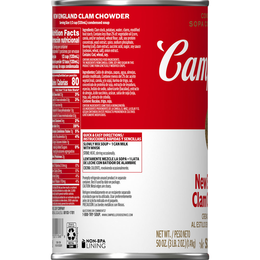 Campbell's Classic New England Clam Chowder Condensed Shelf Stable Soup-50 oz.-12/Case