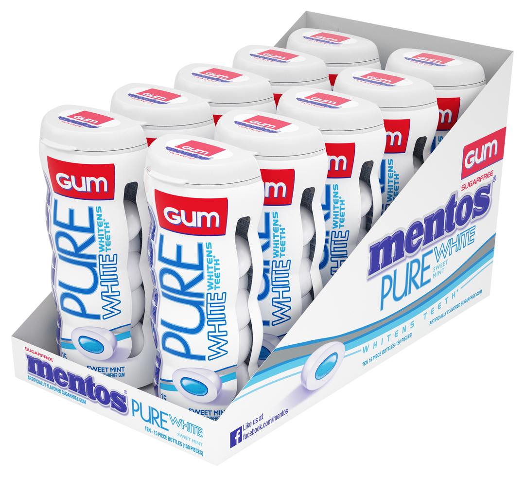 Mentos Sugar Free Pure White Sweet Mint Gum-15 Piece-10/Box-12/Case