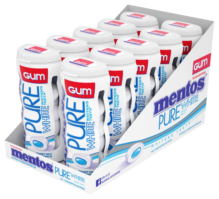 Mentos Sugar Free Pure White Sweet Mint Gum-15 Piece-10/Box-12/Case