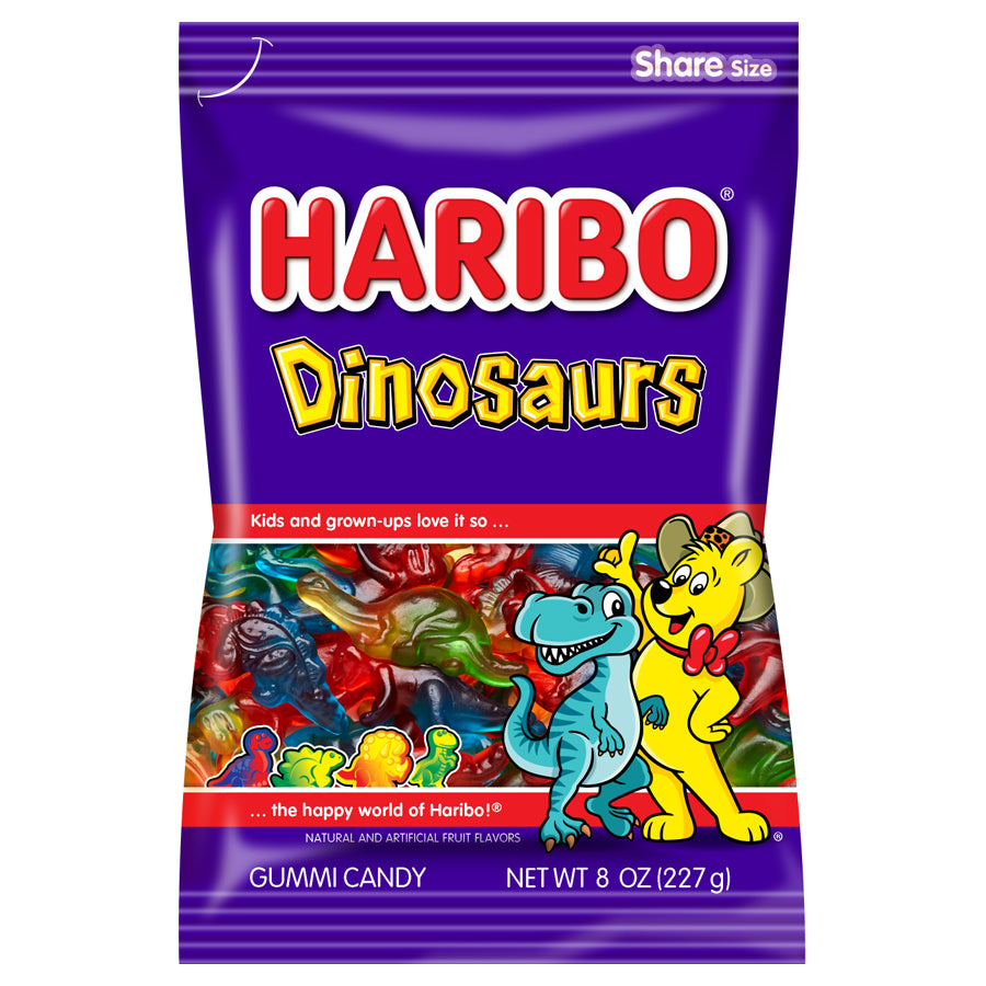 Haribo Dinosaur Gummy Candy Peg Bag-8 oz.-10/Case