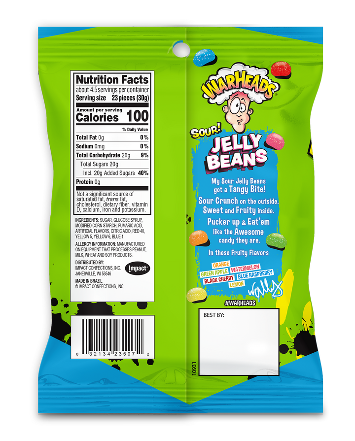 Warheads Sour Jelly Beans Peg Bag-5 oz.-12/Case